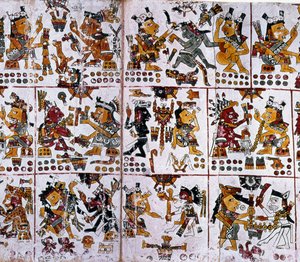 Detail van een facsimile kopie van een pagina uit de Codex Borgia met zes koppels goden die waarzeggerij voor koppels vertegenwoordigen
